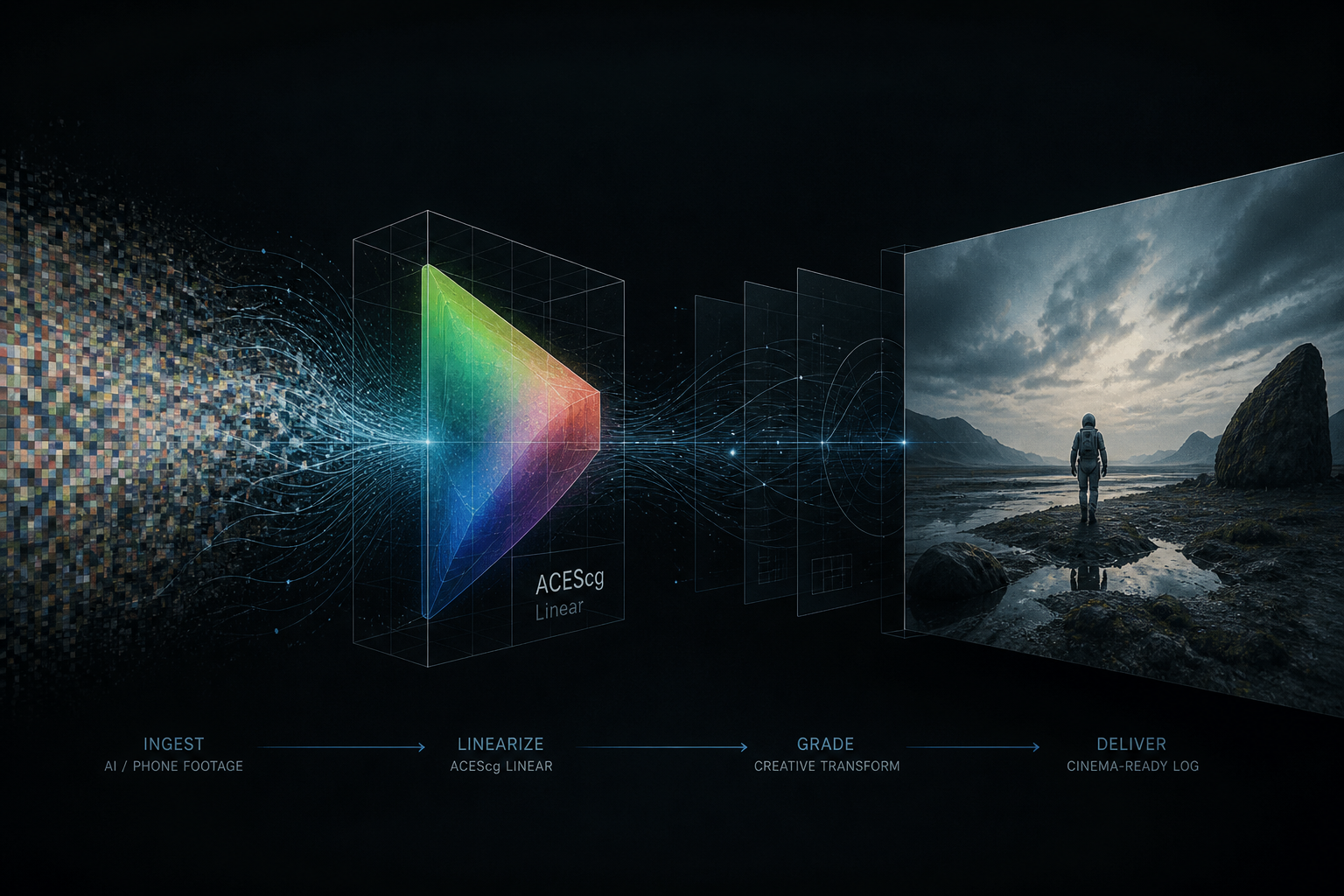 Concept: AI and phone-class footage transforming into a colour-managed, cinema-ready pipeline