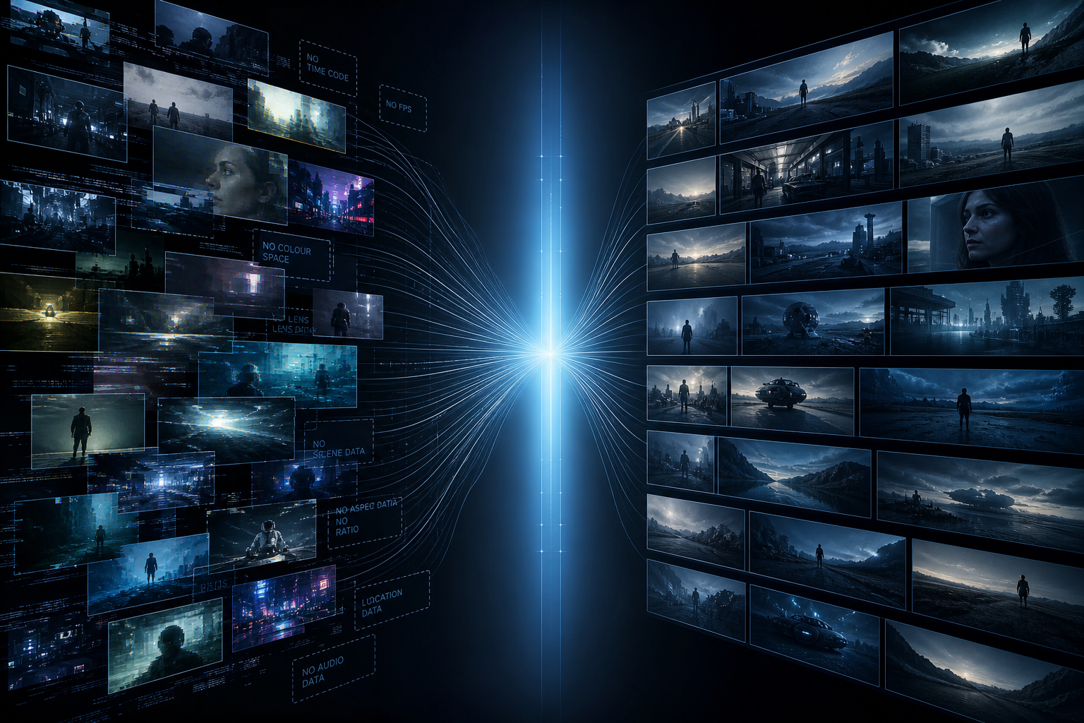 Concept: fragmented AI footage challenges resolving into a unified colour-managed pipeline