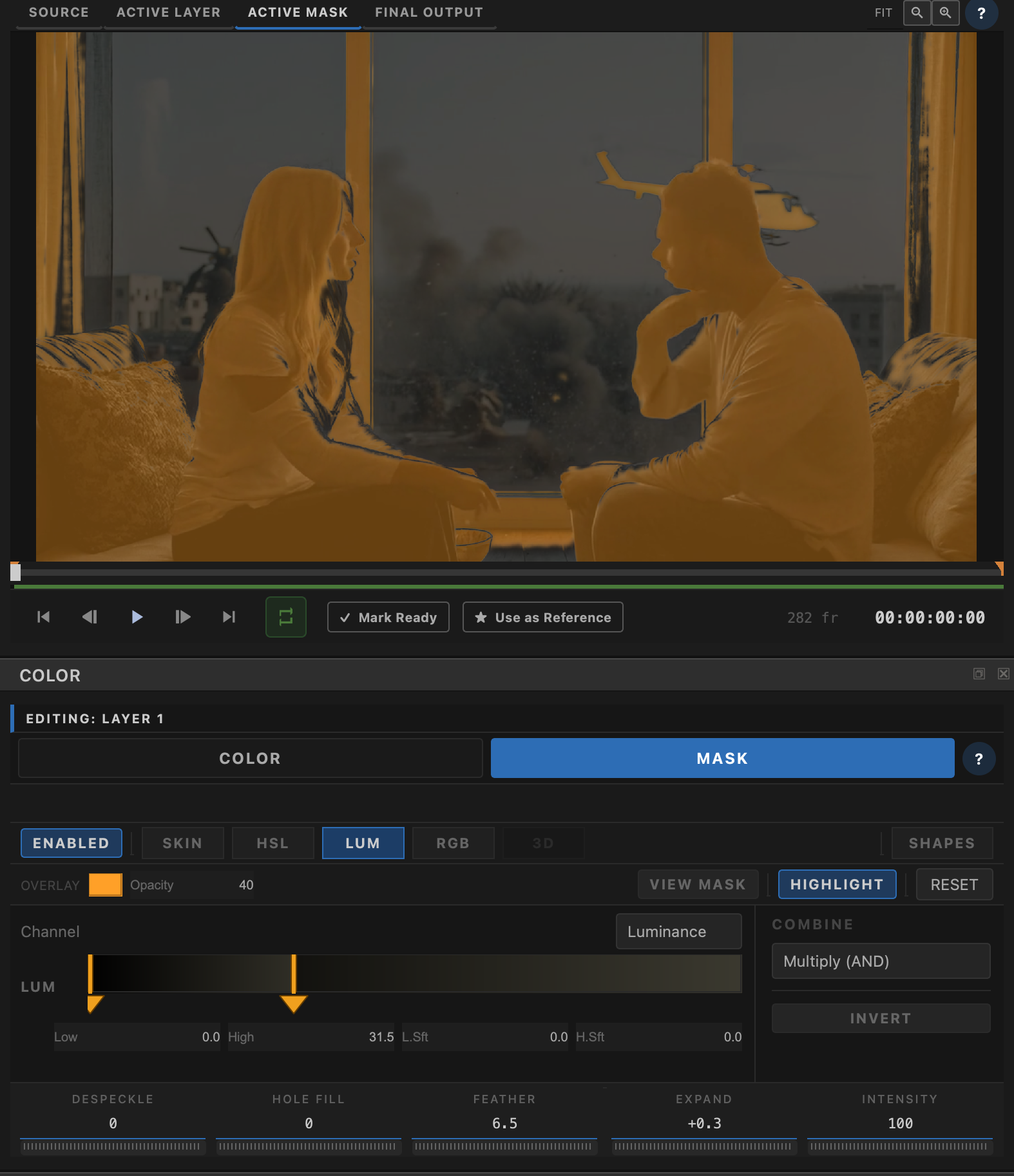 Transduce Active Mask viewer with Mask panel in Luminance mode